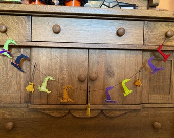Special Order: Halloween Adorable and very crooked witch’s hat and broom stick garland, Spooky, mantle, door, stair rail,child friendly