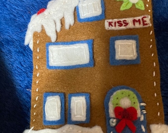 Christmas felt Gingerbread House Ornament, Mistletoe Cottage, beaded snow drifts, snow flakes, grandchild, grandparent, teacher, best friend