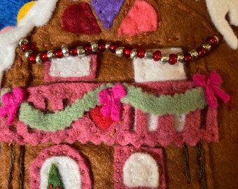 Christmas felt Gingerbread Chalet Ornament, beaded snow drifts, snow flakes, grandchild, grandparent, teacher, stained glass, tutor, friend