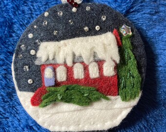 Small Christmas Felt Gingerbread House Ornament, Child's ornament, Lollipop Lane,  trees, candy garland, lollipop, wreath, hearts