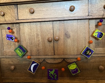 Happy Halloween alien, Frankenstein, bubbling cauldron garland, kind of Spooky, sort of creepy, mantle, door, stair rail,child friendly