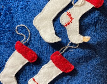 4 White Christmas Stocking Santa sock ornaments, peek a boo toe, gifts family, friends, tree, wreath, garland, bow