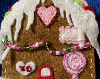 Felt Gingerbread House Ornament, Heart Cookie House, snowman, evergreen tree, Christmas, candy cane, gift, child, grandchild rose hearts