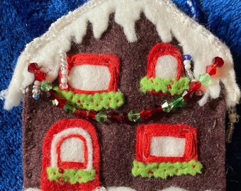 Felt Gingerbread House Ornament, Garland EvergreenPlace, snowman, evergreen tree, Christmas, candy cane, gift, child, grandchild, teacher