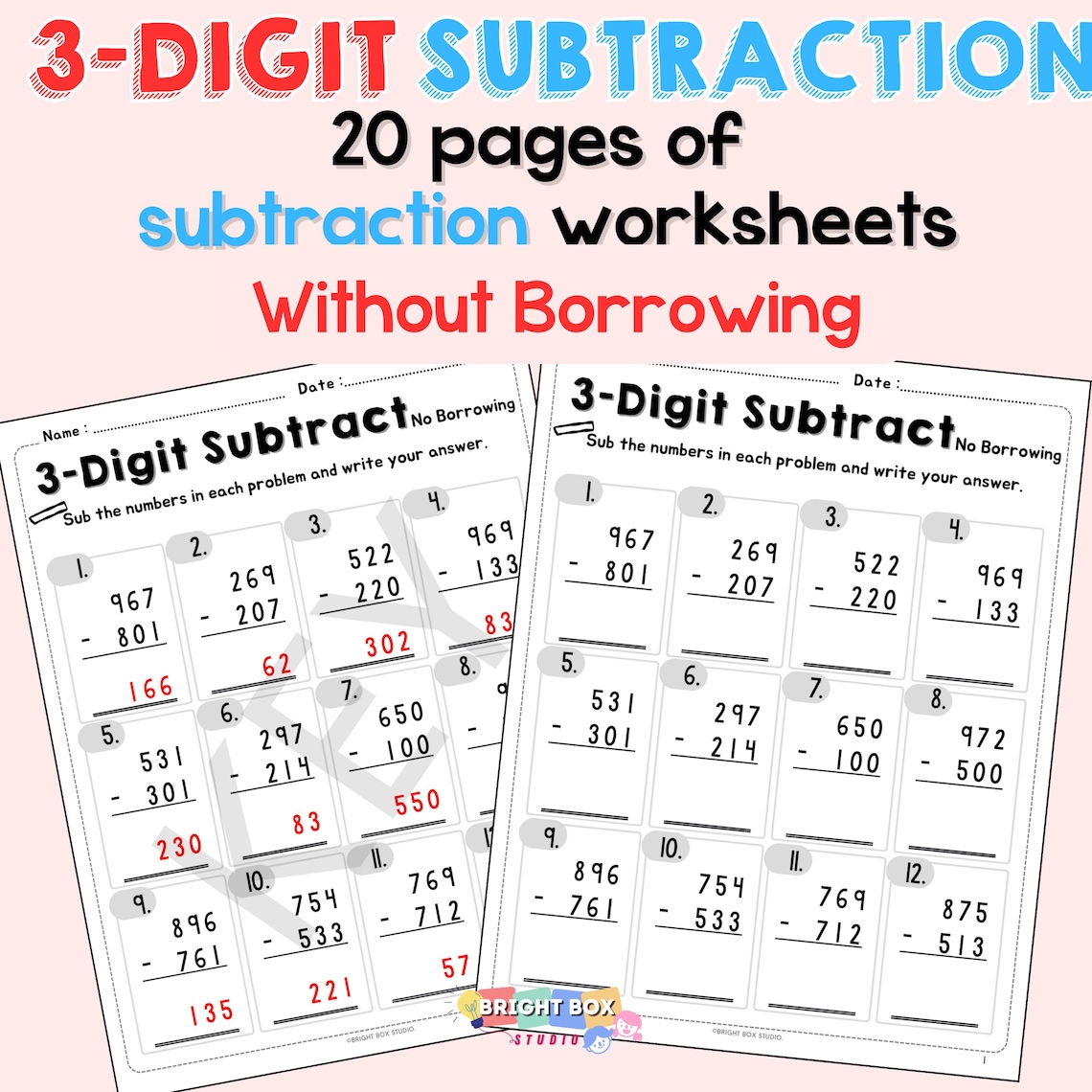 3-digit Subtraction Without Borrowing | Printable Worksheets With ...