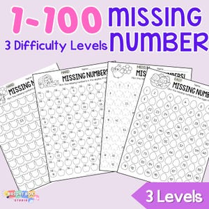 May include: Black and white printable worksheet with three different levels of difficulty for kids to practice filling in missing numbers from 1 to 100. The levels are labeled "Easy", "Medium", and "Hard".