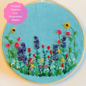Whimsical Wildflowers Hand Embroidery Pattern with Preprinted Linen Fabric Panel