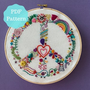 PDF Embroidery Pattern, Peaceful Whimsy Modern Hand Embroidery Pattern, DIY needlework, peace sign embroidery pattern