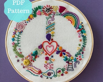 PDF Embroidery Pattern, Peaceful Whimsy Modern Hand Embroidery Pattern, DIY needlework, peace sign embroidery pattern