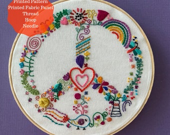Embroidery Kit Complete kit includes Pattern, Preprinted Fabric, thread, hoop, needle Peaceful Whimsy Modern Hand Embroidery Kit peace sign