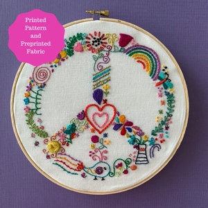 Peaceful Whimsy Embroidery Pattern includes Preprinted Fabric Panel, Peaceful Whimsy Modern Hand Embroidery Pattern, peace sign pattern