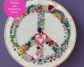 Peaceful Whimsy Embroidery Pattern includes Preprinted Fabric Panel, Peaceful Whimsy Modern Hand Embroidery Pattern, peace sign pattern