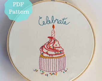 PDF Embroidery Pattern, Cupcake Celebration Modern Hand Embroidery Pattern, DIY needlework, cupcake embroidery pattern