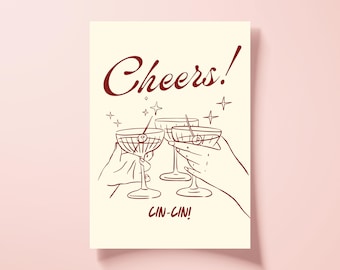 Retro Cheers Digital Wall Art | Cocktail Party Printable Poster | Mid-Century Bar Decor | Cin Cin Printable Artwork