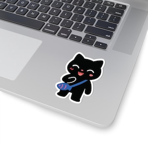 Cute Black Cat Sticker with Fish Bag - Kawaii Cartoon Vinyl Decal for Laptop, Water Bottle, Scrapbook, Journal and Gift