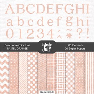 Basic Digital Kit Watercolor Papers, Letters and Numbers | Pastel Orange | clipart set | party and nursery decor| invitation
