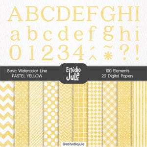 Basic Digital Kit Watercolor Papers, Letters and Numbers | Pastel Yellow | clipart set | party and nursery decor| invitation