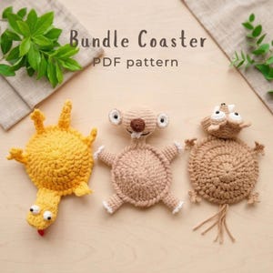 Bundle Sloth, Squirrel And Lizard Popping Coaster Crochet Pattern, Amigurumi Mug Rug, Handmade Cup Holder, Desk Decor (Digital Download)