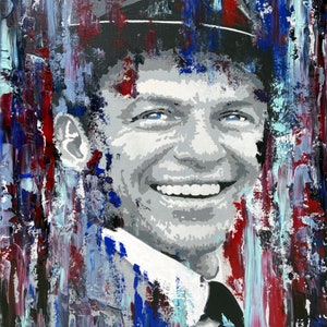 May include: An abstract painting of a smiling man in a suit and hat. The portrait is rendered in shades of gray, with blue eyes and a black tie. The background features vertical brushstrokes in red, blue, and white.