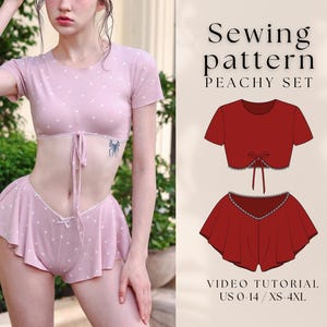May include: A pink, polka-dotted two-piece set with a crop top and shorts. The image also features a sewing pattern illustration of a red crop top and shorts. Text on the image reads "Sewing pattern PEACHY SET" and "VIDEO TUTORIAL US 0-14 / XS-4XL."
