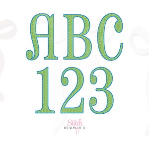 May include: Green embroidered letters and numbers, including "ABC" and "123", with a blue outline. The design is on a white background, with the text "Stitch Ready Hub" at the bottom. The style is reminiscent of embroidery.