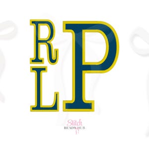 May include: A monogram design featuring the letters R, L, and P in a navy blue color with a gold outline. The letters are stacked vertically and are set against a white background. The text "Stitch Ready Hub" is at the bottom.