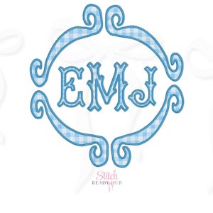 May include: A light blue monogram design featuring the letters "EMJ" in a decorative font, framed by a blue and white gingham pattern. The design includes a decorative border with scroll-like accents. The text "Stitch Ready Hub" is at the bottom.