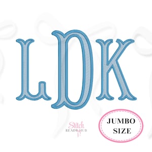 May include: Monogram letters LDK in light blue with a decorative serif font. The letters are outlined in a darker blue and have a stitched appearance. A pink oval with the words "JUMBO SIZE" is in the lower right corner.