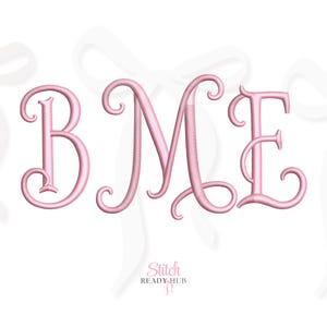 May include: A light pink embroidered monogram featuring the letters B, M, and E in a cursive script font with decorative swirls. The letters are stitched with a satin thread finish. Below the monogram, the text Stitch READY HUB is visible.