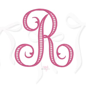 May include: A pink monogram letter "R" with a striped design, featuring elegant swirls and a decorative style. The image includes the text "Stitch READY HUB".