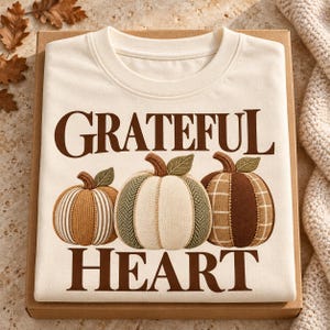 Tacksam hjärtpumpa PNG, neutral Thanksgiving-trio, digital nedladdning av konstbroderi