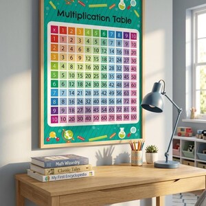 May include: A framed multiplication table with numbers in a grid, displayed on a desk with books and a lamp. The table is in a wooden frame and has a teal background with colorful numbers.