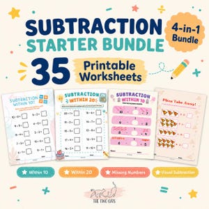 Può includere: Un pacchetto iniziale di sottrazione 4-in-1 con 35 fogli di lavoro stampabili. La collezione include quattro pagine distinte con problemi di matematica, tra cui sottrazioni entro il 10, entro il 20, numeri mancanti e sottrazioni visive con pizze.