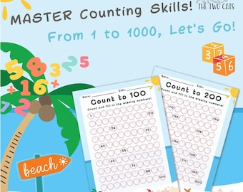 Può includere: Foglio di lavoro educativo a tema spiaggia per padroneggiare le abilità di conteggio. L'immagine presenta due fogli di lavoro intitolati "Conta fino a 100" e "Conta fino a 200", con sequenze numeriche da completare. Elementi spiaggia e testo.