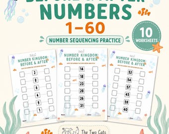 Può includere: Un set di 10 fogli di lavoro stampabili intitolati Before & After Numbers 1-60, per esercitarsi con le sequenze numeriche. Ogni pagina presenta un tema Number Kingdom con illustrazioni di meduse, stelle marine e pesci, con caselle vuote da compilare.