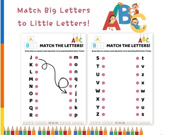 May include: Educational worksheet titled "Letters Connection Adventure" with the text "Match Big Letters to Little Letters!" Two matching exercises are shown, with uppercase and lowercase letters. The image has a colorful border of pencils and illustrations of children.
