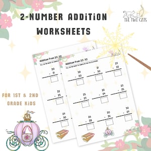 Puede incluir: Hojas de trabajo de suma de dos números para niños de 1º y 2º grado. Las hojas de trabajo presentan problemas de suma del 20 al 30, con espacio para completar los cálculos. La imagen incluye una ilustración de un carruaje rosa.