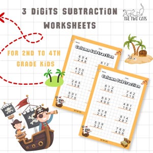 Puede incluir: Hojas de trabajo educativas para niños de 2º a 4º grado. Las hojas de trabajo presentan problemas de resta de columnas con números de tres dígitos. La imagen incluye ilustraciones con temática pirata, palmeras y el texto "3 Digits Subtraction Worksheets."