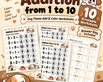 Può includere: Un set di schede didattiche stampabili per l'addizione con tema canino per problemi matematici da 1 a 10. Le pagine includono illustrazioni di cuccioli, cucce e ciotole per il cibo, insieme a cerchi per colorare le risposte e una chiave.
