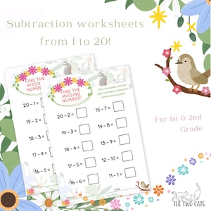 10 Printable Subtraction (1-20) Worksheets for Kids Ages 5-7 | 1st & 2nd Grade | Summer Math Worksheets | Extra Exercises