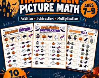May include: A set of Halloween-themed educational worksheets featuring addition, multiplication, and mixed math problems. The pages include illustrations of ghosts, pumpkins, bats, and candy, with text reading Halloween Picture Math, Ages 7-9.