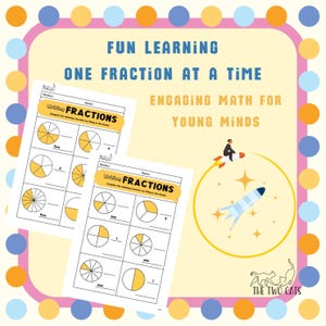 Könnte beinhalten: Lehrblatt mit dem Titel "Brüche schreiben" mit Diagrammen und Lückentextfragen. Das Bild hat einen hellgelben Hintergrund mit bunten Punkten und dem Text "Lernen mit Spaß, eine Fraktion nach der anderen" und "Ansprechende Mathematik für junge Köpfe."