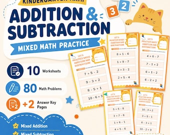 Additions- och subtraktionsarbetsblad för dagis, blandade matteövningar, 80 problem, utskrivbar matematik-PDF