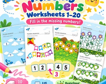 Può includere: Un set di schede didattiche Missing Numbers Worksheets 1-20 con pagine educative colorate raffiguranti nuvole, aquiloni, girasoli e fiori. Il testo riporta Missing Numbers Worksheets 1-20, Fill in the missing numbers, 10 Printable Pages, US Letter, Preschool Math Practice.