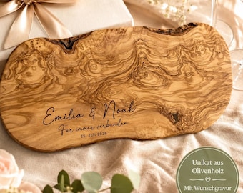 Personalized olive wood cutting board with engraving | Wedding gift | Bride and groom's names & date | Unique olive wood cutting board