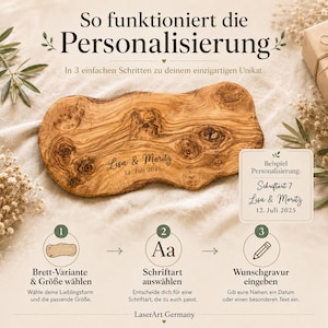 Könnte beinhalten: Holzschneidebrett mit personalisierter Gravur der Namen "Lisa & Moritz" und dem Datum "12. Juli 2025". Das Brett zeigt eine natürliche Holzmaserung. Anweisungen zur Personalisierung sind enthalten.