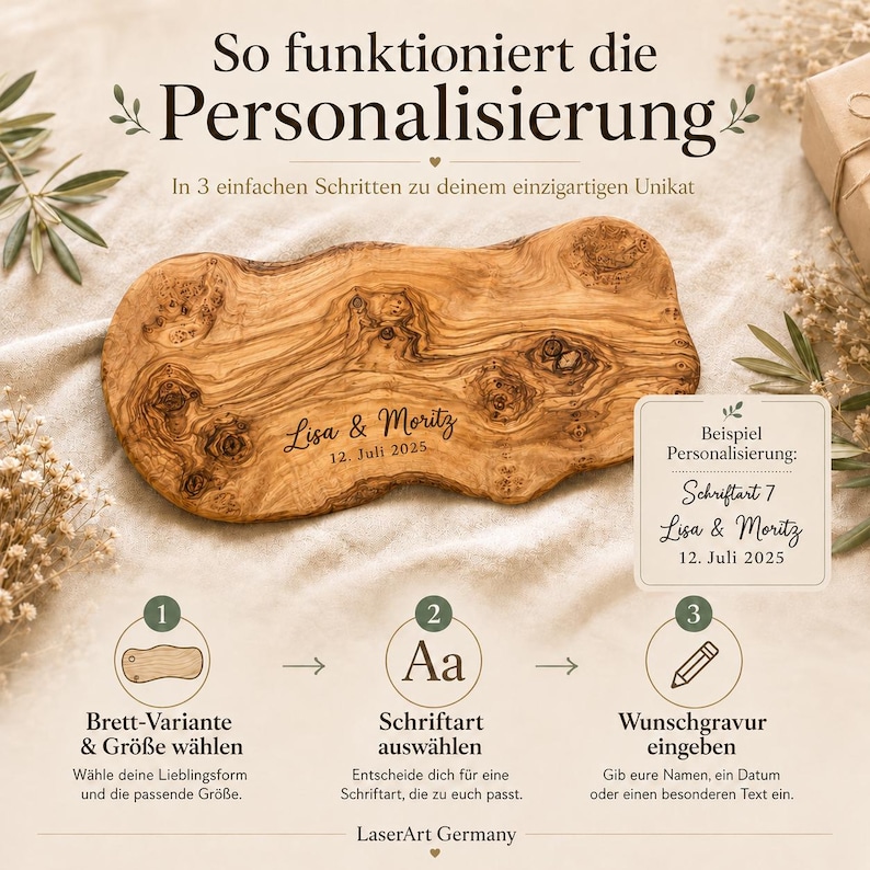 Könnte beinhalten: Holzschneidebrett mit personalisierter Gravur der Namen "Lisa & Moritz" und dem Datum "12. Juli 2025". Das Brett zeigt eine natürliche Holzmaserung. Anweisungen zur Personalisierung sind enthalten.