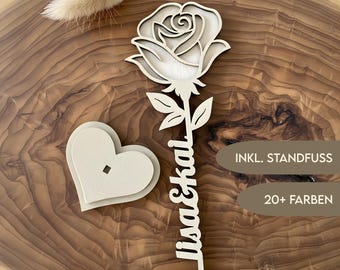 Rose aus Holz personalisiert | Geschenk Paare Hochzeit Jahrestag | Valentinstag Geschenk | Ewige Holzrose mit Namen