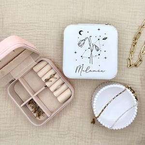 Gepersonaliseerde sieradendoos met sterrenbeeld, geboortebloem en naam, sieradenorganizer als reiscadeau, JGA, babyshower, Valentijnsdag, kleuren