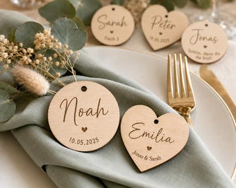 Segnaposto in legno personalizzati e incisi | Segnaposto rotondi e a forma di cuore in legno da 5 cm | Targhette con i nomi per i tavoli | Etichette per bomboniere